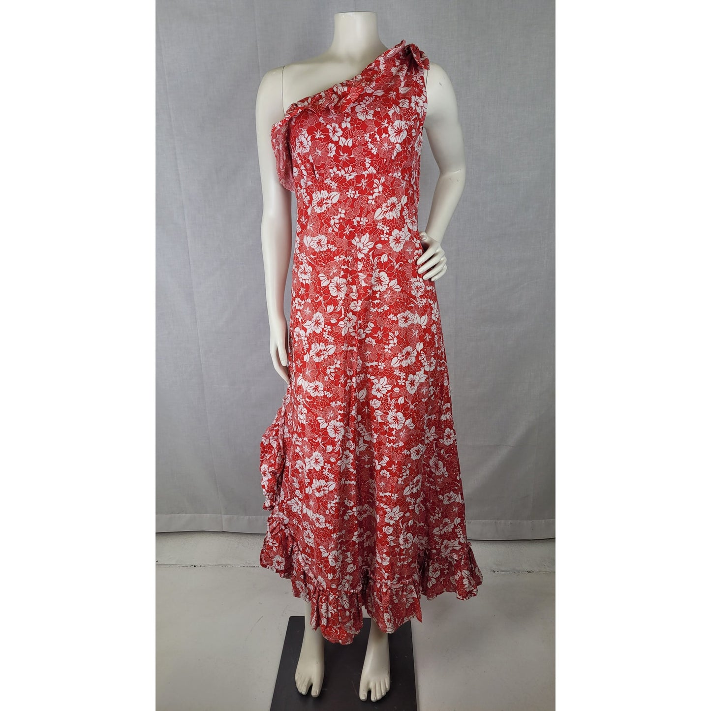 Vintage 1960s/70s Handmade One-Shoulder Hawaiian Dress Side Slit Sz S/M