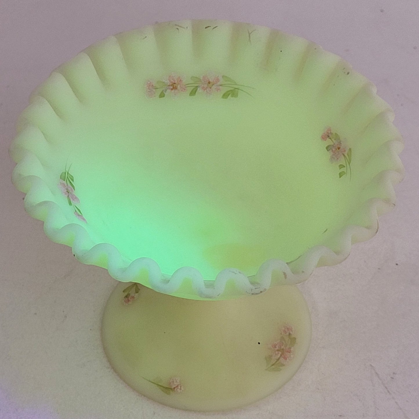Vintage 1970s Fenton Custard Satin Small Compote Hand-Painted Artist Signed