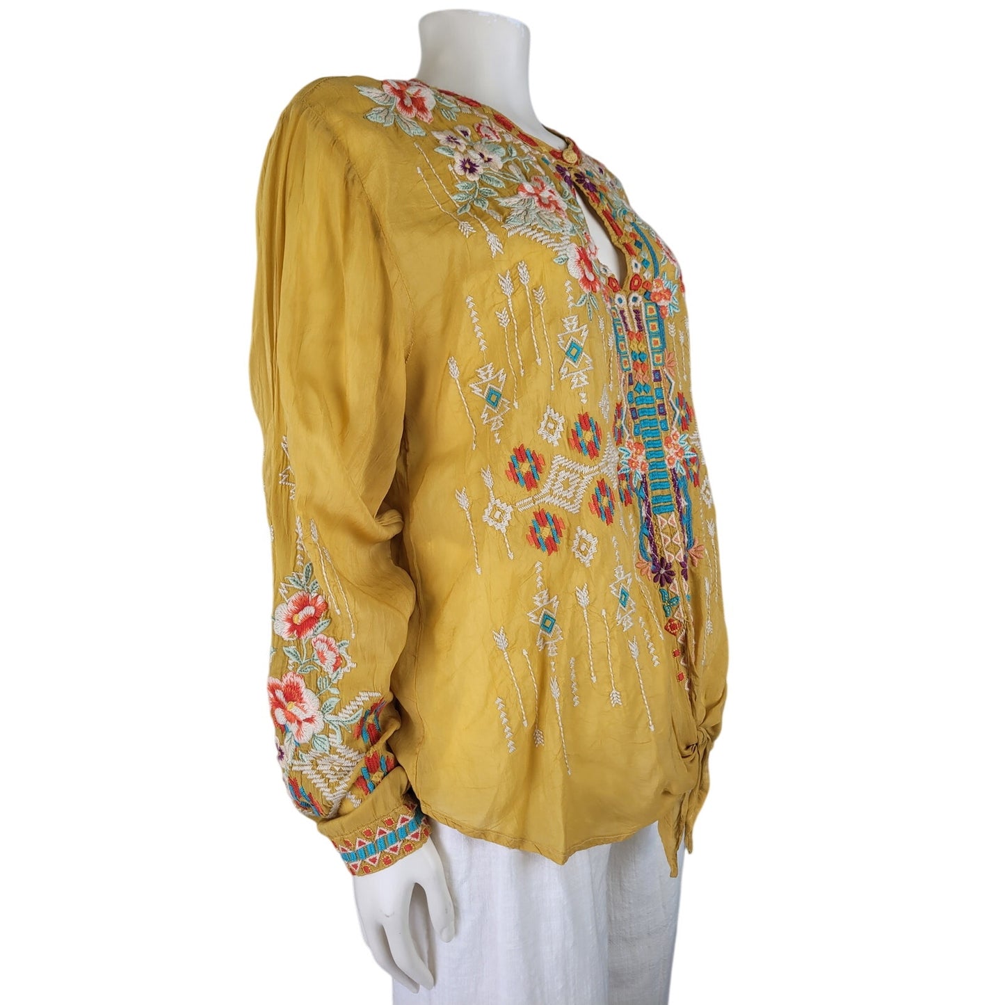Johnny Was Donya Top Featuring Intricate Embroidery Detail & Tie-Front Sz M
