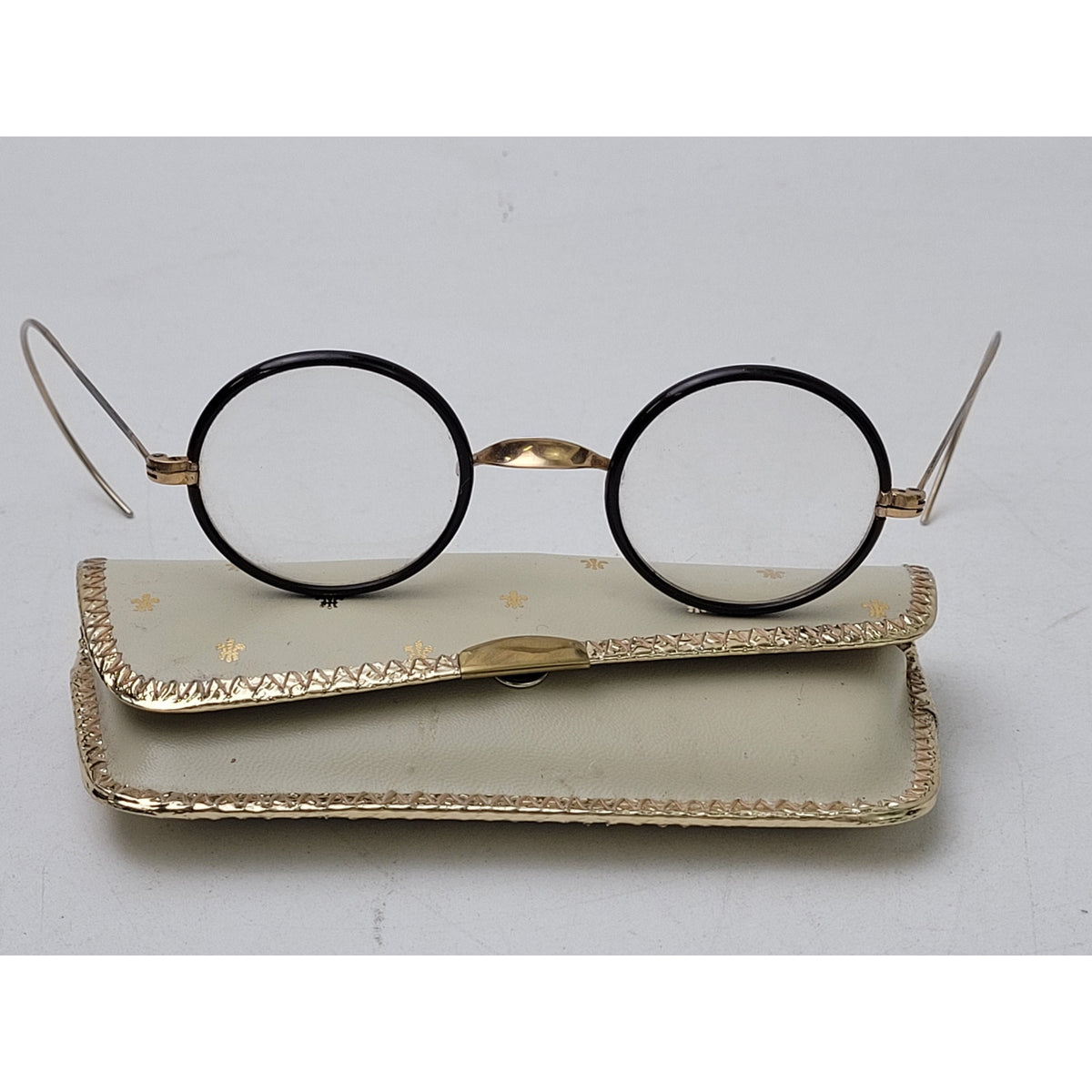 Antique Windsor-Style Eyeglasses Gold-Filled Bridge Brown Celluloid Rims + Case